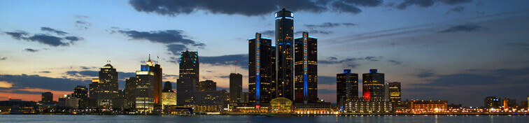 Detroit city skyline at dusk