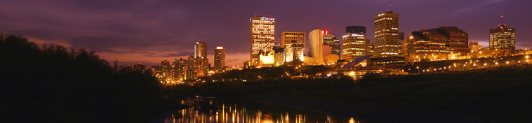 Night scene of the saskatchewan river valley and downtown in city edmonton