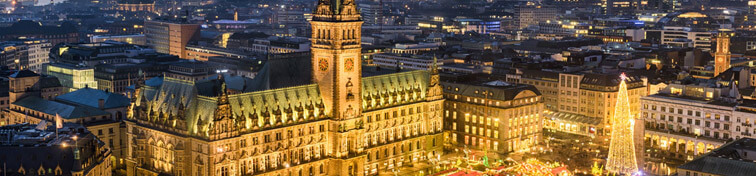 Ansicht von oben auf das Hamburger Rathaus bei Nacht