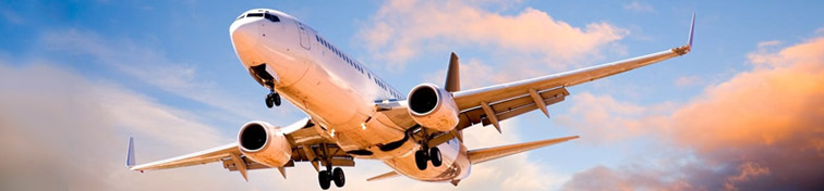 Plane flying in sunset sky