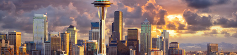 Seattle skyline at sunset.