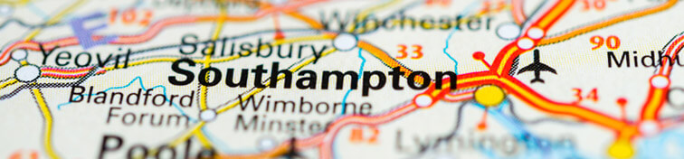 Macro view of Southampton, United Kingdom on map.