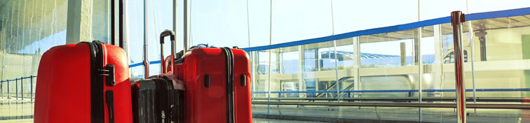 Due valigie nel terminal con parcheggio Malpensa sullo sfondo